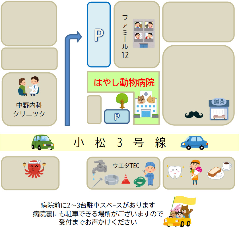 駐車場案内図:病院前に2~3台駐車スペースがあります。病院裏にも駐車できる場所がございますので受付までお声がけください。